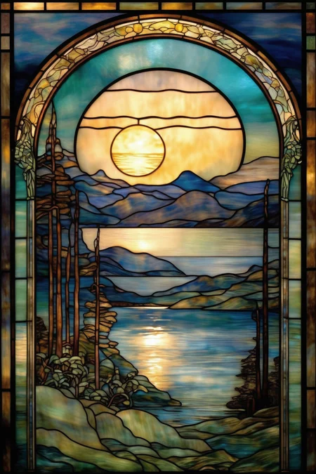 <lora:Louis Comfort Tiffany Style:1>Louis Comfort Tiffany Style - Design a heavenly mountain lake scene at moonnrise with a crescent moon in the sky, in the art nouveau style of Louis Comfort Tiffany stained glass that is appropriate for a desktop wallpaper. The design should incorporate deep blues to create contrast with soft colours to create a warm and inviting atmosphere. Consider including elements such as trees, mountains, and a flowing river to enhance the scene. The finished design should be detailed and intricate, with a focus on natural beauty and harmony