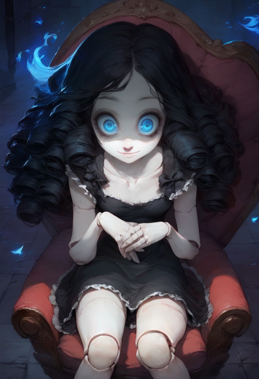 score_9, score_8_up, score_7_up, extremely detailed, (creepy doll woman), cozy house, night, glowing blue eyes, dynamic lighting, head tlted:3.0, long black hair in front of face, spooky lighting, blue flames, dangling hair, pale white skin, lifeless, limp body, laying lifeless, soft dress, curly hair,  tiny breasts, sitting in chair, doll joints, ribbons, gothic dress, close up, looking at viewer, wide eyes, (tiny pupils), elongated limbs, extremely wide smile, from above:1