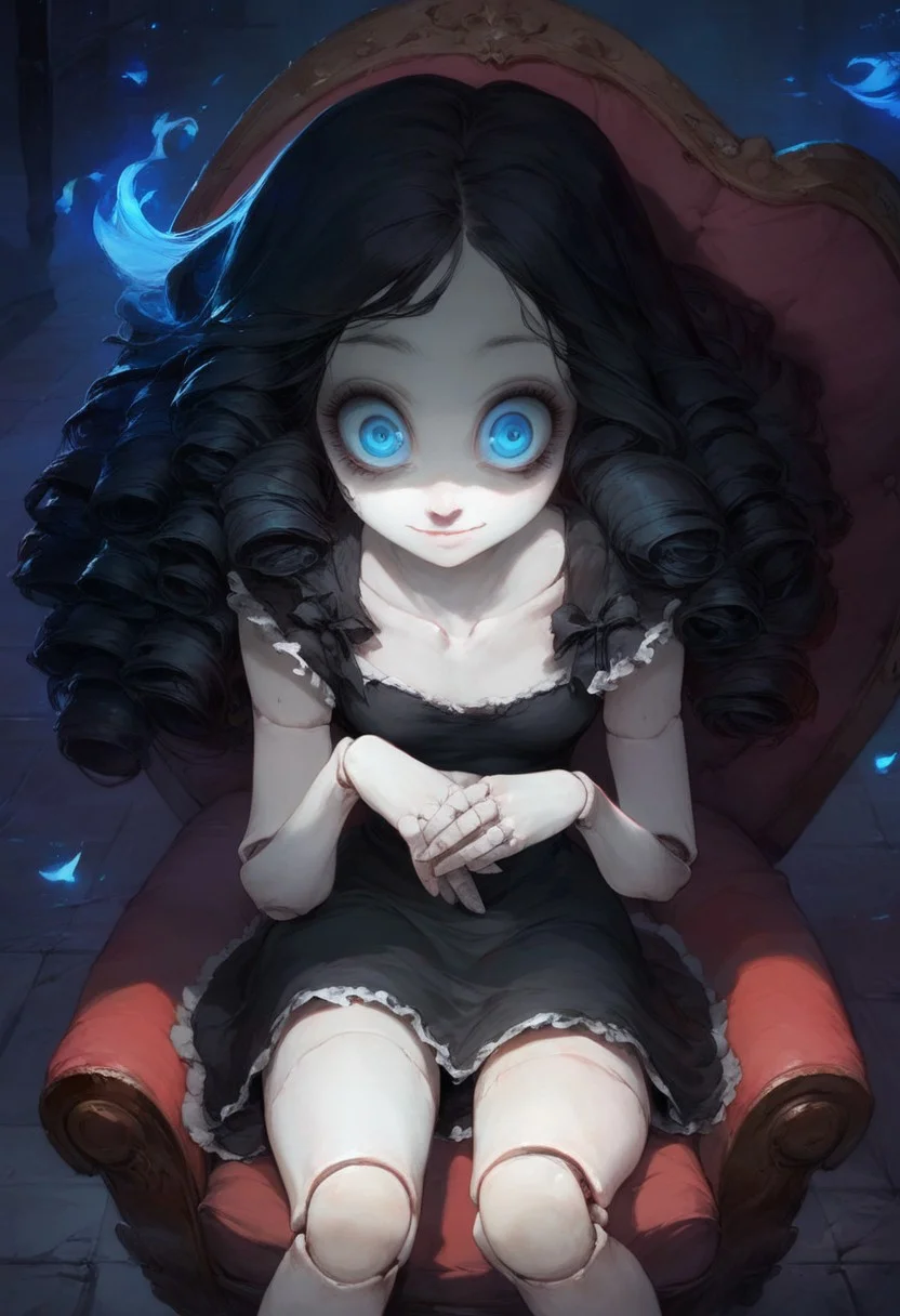 score_9, score_8_up, score_7_up, extremely detailed, (creepy doll woman), cozy house, night, glowing blue eyes, dynamic lighting, head tlted:3.0, long black hair in front of face, spooky lighting, blue flames, dangling hair, pale white skin, lifeless, limp body, laying lifeless, soft dress, curly hair, tiny breasts, sitting in chair, doll joints, ribbons, gothic dress, close up, looking at viewer, wide eyes, (tiny pupils), elongated limbs, extremely wide smile, from above:1