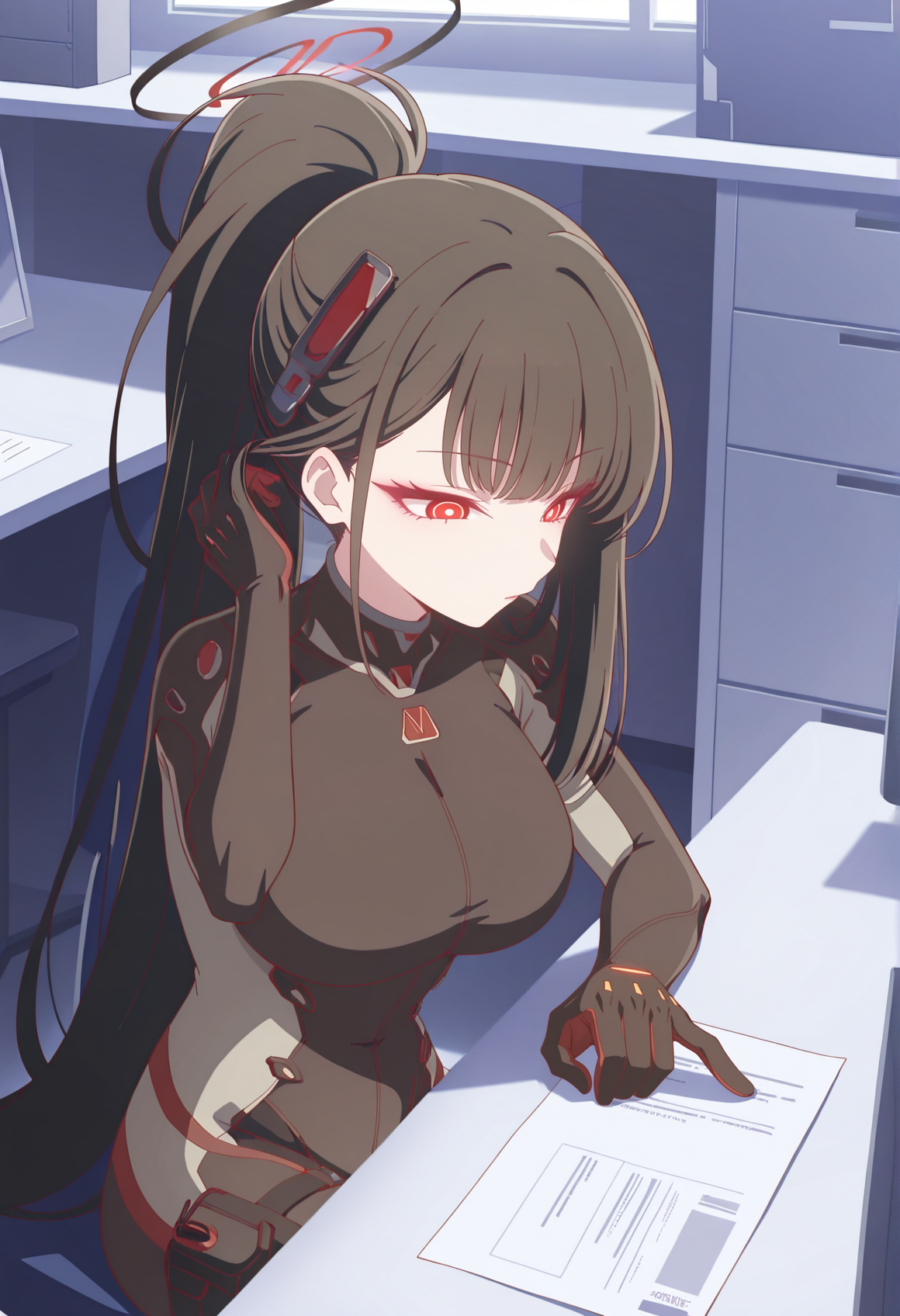 solo, 1girl, halo, very long hair, black hair, blint bangs, ponytail, red eyes, symbol-shaped pupils, hair ornament, bodysuit, sitting, indoors, hand on hair, desk, indoors, office, pointing down, pointing at paper, <lora:Rio_Bodysuit:1>, masterpiece, best quality, amazing quality, very aesthetic, absurdres, highres, newest