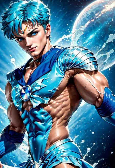 digital art, semi realistic, fantasy, best quality, masterpiece, extremely detailed, very detailed face, very detailed eyes, dynamic angle, seen from the side, dynamic pose, rising fist, vintage sci fi poster of a male bodybuilder, pale skin, handsome, blue hair, short hair, pointed eyebrows, huge plumped lips, innocent, smart, shy, smiling, wearing a sailor mercury dress, fighting in space, (cinematic light, volumetric), splash art