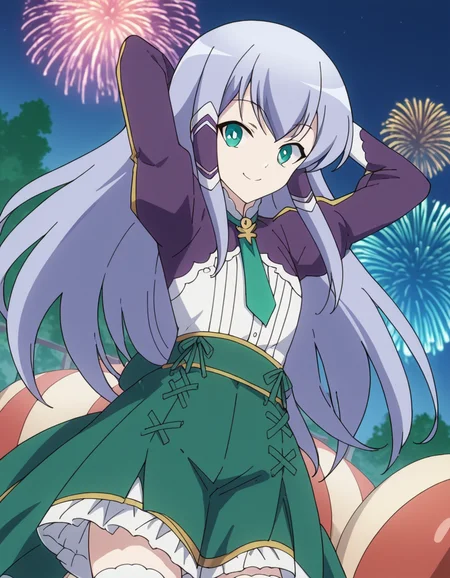 score_9, score_8_up, score_7_up, source_anime, <lora:elze-silhoueska-s2-ponyxl-lora-nochekaiser:1>, elze silhoueska, long hair, blue eyes, green eyes, blue hair, aqua eyes, hair tubes,, skirt, thighhighs, white thighhighs, puffy sleeves, white shirt, necktie, green necktie, purple sleeves, green skirt, frilled skirt, festival, fireworks, summer night, food stall, traditional, arms up,, , smile, looking at viewer, solo,, dutch angle, cowboy shot