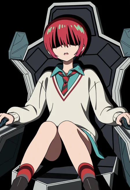 <lora:Amate Yuzuriha_illustrious-000032:1>,
Amate Yuzuriha, necktie, open mouth, solo, black background, cockpit, sitting, shirt, socks, hair over eyes, robot