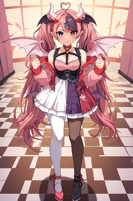 score_9,
<lora:ironmouse_v1_pruned:1>, ironmouse,
spiked pink choker, heart ring, cleavage, dress, pink top, purple skirt, white skirt, belt, asymmetrical legwear, black thighhigh, white pantyhose, asymmetrical footwear, black boot, pink heels, red demon butt wings, pink demon wings, black head wings, red heart hair ornament, chest belt, pink jacket, off-shoulder, very long hair, twintails,
solo,
indoors, standing, looking at viewer,
checkered floor,
high resolution, Masterpiece