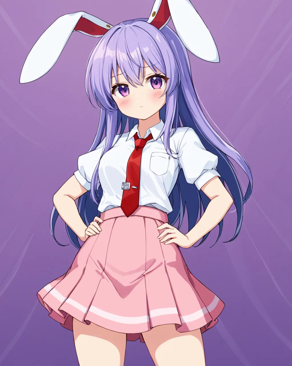 reisen udongein inaba,1girl, solo, pink_skirt, red_necktie, puffy_short_sleeves, white_shirt, blush, striped_background, hand_on_hip, collared_shirt, looking_at_viewer, closed_mouth, gun, standing, medium_breasts, holding_weapon, multicolored_background, purple_background, hand_up, cowboy_shot
<lora:reisen_udongein_inaba_image7606_2023-12-20-000006:1>,star-shaped_pupils,symbol-shaped_pupils,. gorgeous,key visual, vibrant, studio anime,award-winning, professional, highly detailed,high budget, cinemascope