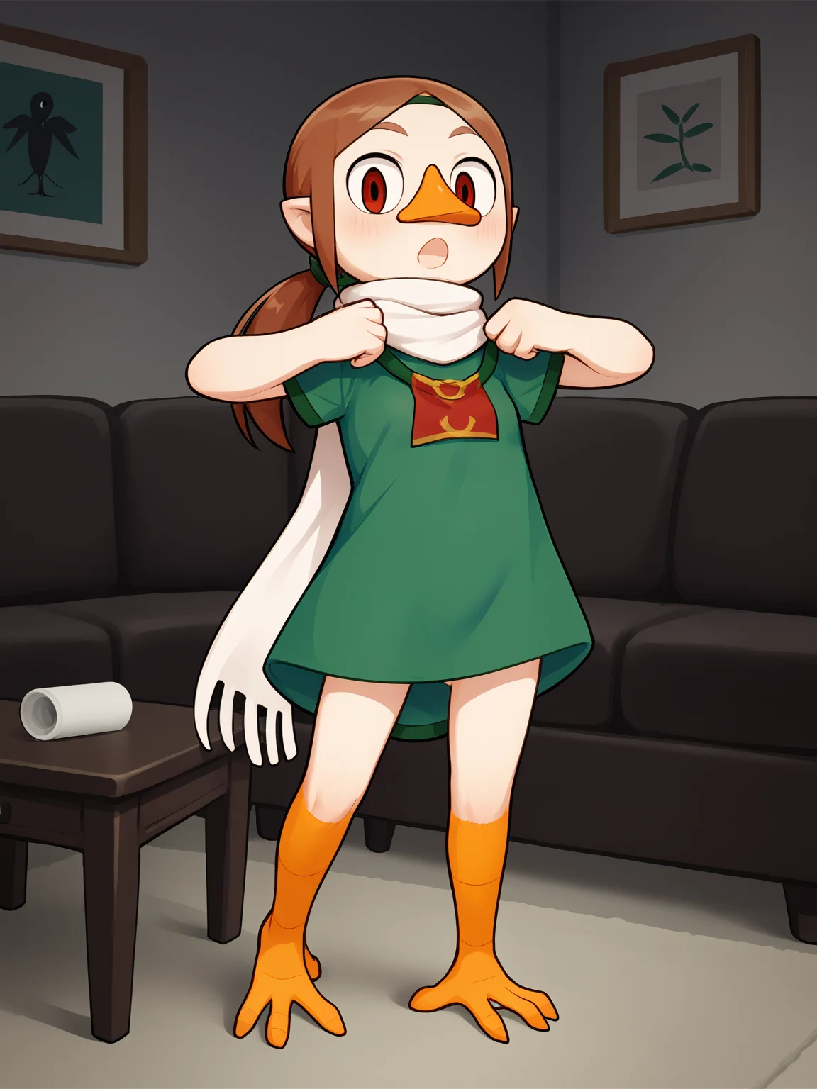 score_9, score_8_up, score_7_up, (standing, realization, open mouth, suprise, ), <lora:Medli:0.9>, brown hair, ponytail, beak, bird feet, young, small breasts, flat chest, looking at viewer, room, couch,
green tunic, red tunic, white scarf,