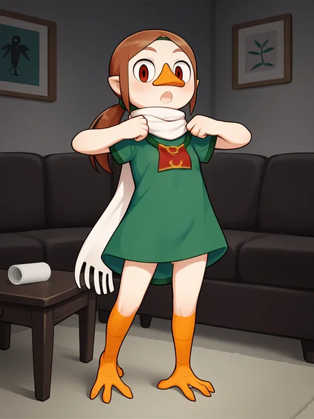 score_9, score_8_up, score_7_up, (standing, realization, open mouth, suprise, ), <lora:Medli:0.9>, brown hair, ponytail, beak, bird feet, young, small breasts, flat chest, looking at viewer, room, couch,
green tunic, red tunic, white scarf,
