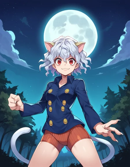 score_9, score_8_up, score_7_up, source_anime,
neferpitou, <lora:neferpitou-ponyxl-lora-nochekaiser:1>,
neferpitou, short hair, red eyes, animal ears, tail, white hair, cat ears, cat tail, curly hair, smile,
long sleeves, shorts,
outdoors, night, forest, night, moon, starry sky, fighting stance,
looking at viewer, dutch angle, cowboy shot,