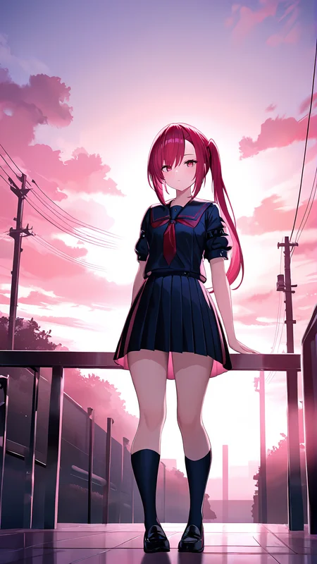 parametersamazing quality,absurdres,best quality,masterpiece,highres,newest,detailed,detailed body,detailed face,masterpiece,best quality,solo,
kirieru, 1girl, solo, school uniform, long hair, skirt, red hair, red eyes, socks, serafuku, pleated skirt, side ponytail,<lora:kirieru:0.85>,
