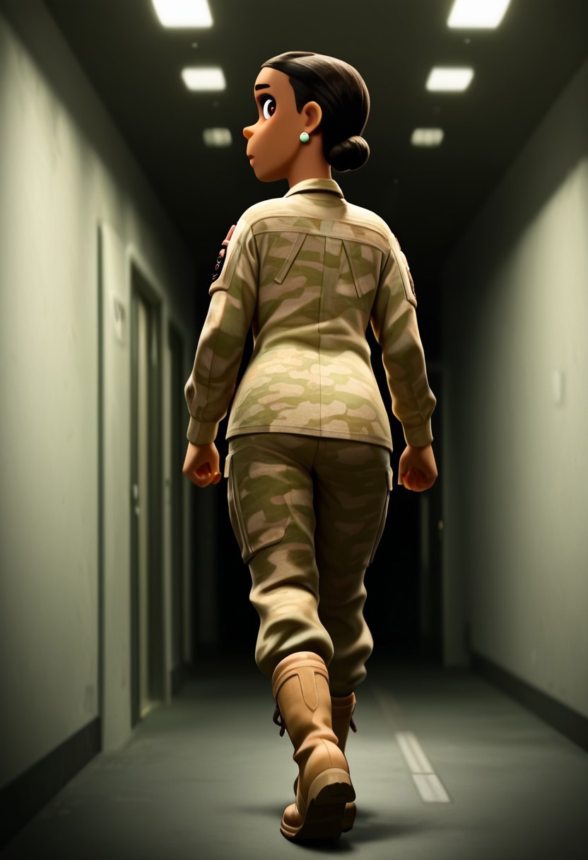 masterpiece, best quality, amazing quality, accurate style, detailed face, accurate colors, detailed eyes,
0lg4EL10, pixar style, 1girl, dark skin, black hair, hair bun, brown eyes, slicked hair, solo, 3d,
military uniform, earring, boots,
walking, looking at viewer, from behind, looking over shoulder, full body,  
corridor background, blurry background, blurry, dim lighting, dark, backlit, dramatic angle, 3 quarter angle