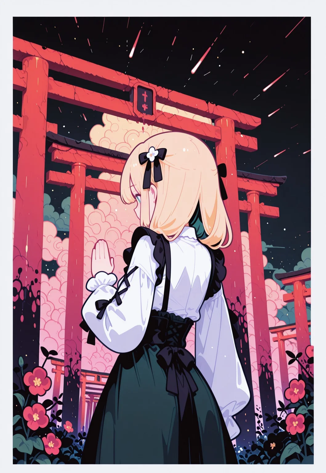masterpiece, best quality,
(from behind, back shot),
pastel cyan eyes, blonde hair, multi colored hair, long hair, hair ornament, twintale, colored inner hair,
small breasts,
white shirt, frills, long sleeves, dark black green skirt, center frills,
frilled skirt, high-waist skirt, puffy long sleeves, black bow, collared shirt, puffy sleeves, laced sleeves ,
1girl, solo, upper body,
praying, many flowers in background,
simple gradient lapis lazuli background with thick white border,
layered thick symmetrical clouds,
((many ruined japanese red torii gates in background)), (light particles, many shooting starts),
flat vector illustration, fl4t,
