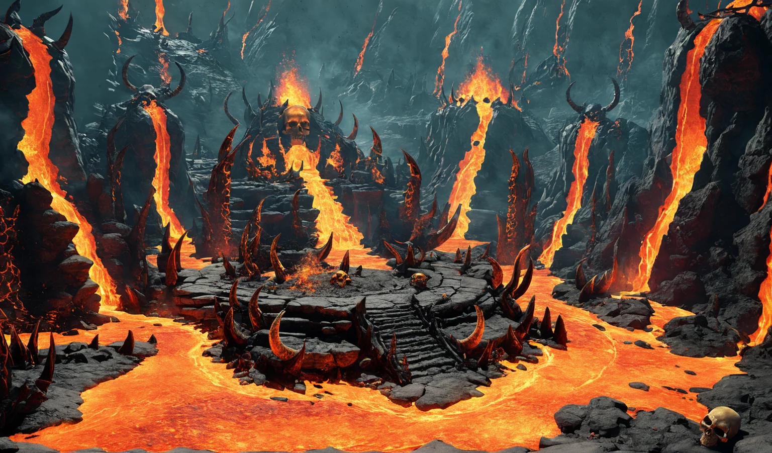 Scene concept, lava field, 3D rendering, ultra-clear details, masterpiece, high quality, molten rock, scenery, fire, glowing, skull, no humans, rock, ruins, horns, glowing eyes<lora:ç岩ä¹å°:0.8>