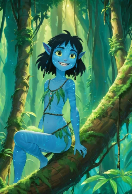Studio Ghibli Style anime painting of a young female Avatar navi alien with blue skin, smiling and grinning while sitting on a tree branch in a bioluminescent jungle