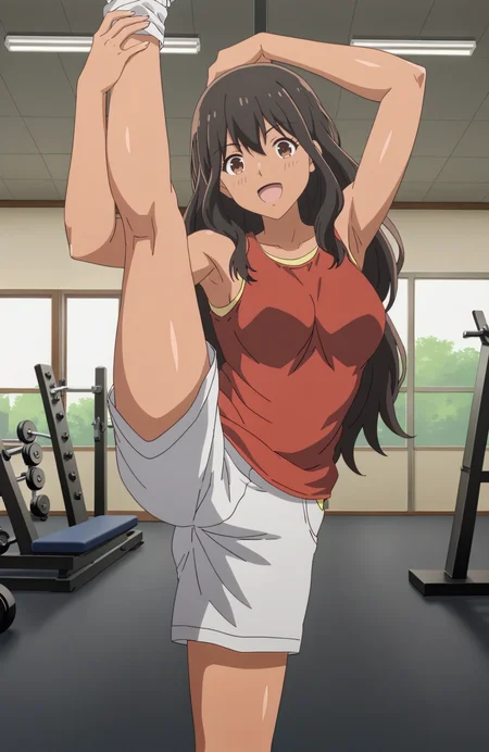score_9
BREAK
nao_olis, tan, 1girl, solo, brown hair, brown eyes, long hair, red tank top, white shorts, medium breasts, looking at viewer, standing split
BREAK
gym, indoors
<lora:nao_KekkonSuruTte_ponyxl_v1_char:1> <lora:nao_KekkonSuruTte_ponyxl_v1_style:1>