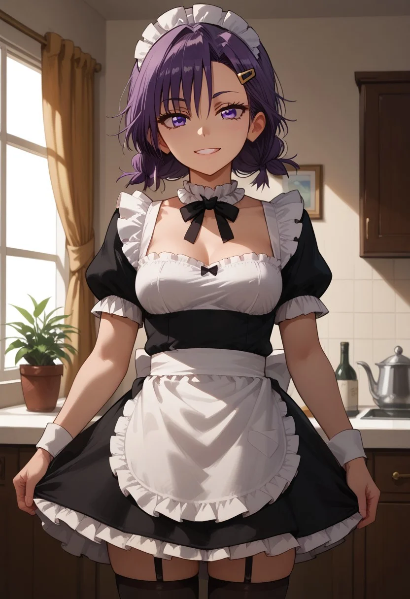 score_9, score_8_up, score_7_up, score_6_up, (1girl ), (solo),
BREAK,
HDA_MasterpieceXL_v.1,
BREAK
1girl: <lora:Asumi_Kominami BWBGD-V1>,asumi kominami,
Shoulder-length hair,bangs, purple eyes, purple hair,loose hair,bangs,smile,
medium breasts.
BREAK
half body,maid, maid dress, enmaided, maid headdress, 
neck ribbon, frilled choker, black dress, 
white apron, puffy short sleeves, black thighhighs, light,mini skirt