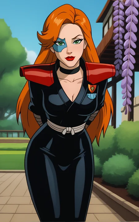 score_9, score_8_up, score_7_up, looking at viewer, BREAK
BlackArmor_FoxXanatos_ownwaifu,
1girl, eye mask, facial tattoo, green eyes, long hair, orange hair, lipstick, makeup, red lips, collarbone, breasts, lips
black armor, ninja, shoulder armor, black choker, black dress, fingerless gloves, pantyhose, black gloves, black nails, jacket,
(leaning forward, arms behind back), cowboy shot, garden, wisteria, outdoors, <lora:PONYXL_Gargoyles_FoxXanatos_ownwaifu:0.85> , depth of field, solo,