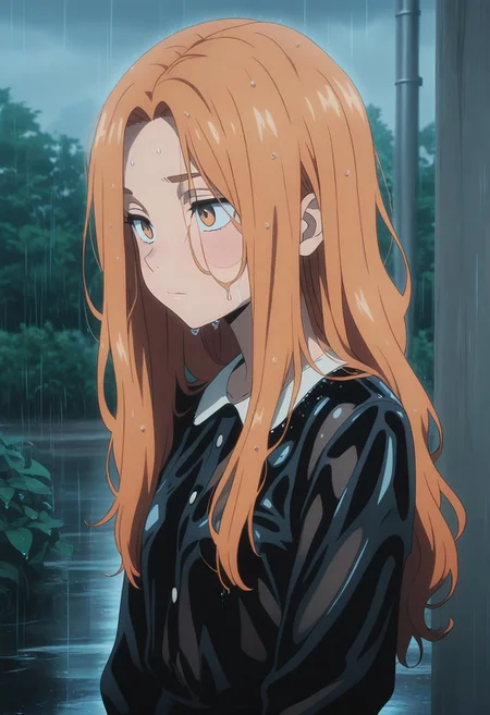 masterpiece, best quality, amazing quality, LDSCH, aesthetic, rain, 1girl, long_hair, outdoors, dress, solo, closed_mouth, upper_body, wet