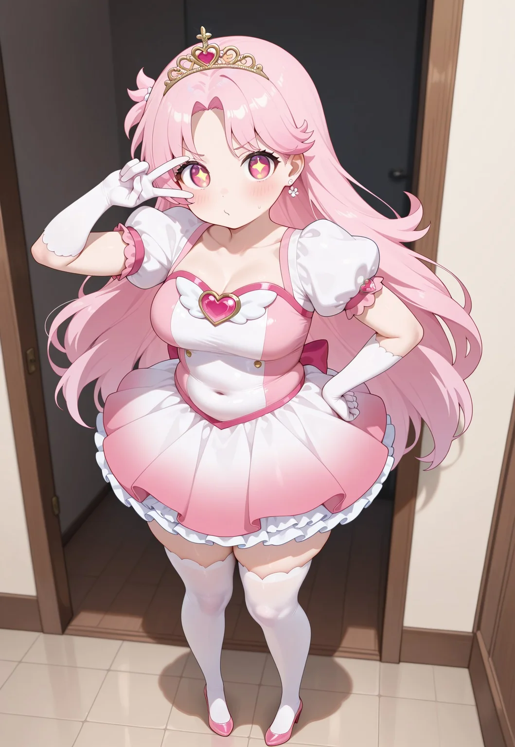 ,masterpiece,extremely detailed face,best quality,amazing quality,newest,absurdres,highres, super detailed skin,1 girl, long hair, solo, pale pink short dress, prindess dress, glossy_pink_dress, puffy_short_sleeves, tiara, heartbrooch,princess line dress, white_elbow_glove, miniskirt, petticoat, white_thighhighs, , (plump:1.1), curvy,pigeon-toed, v_over_eye ,One hand on hip and the other making a V_over_eye,,,, from above