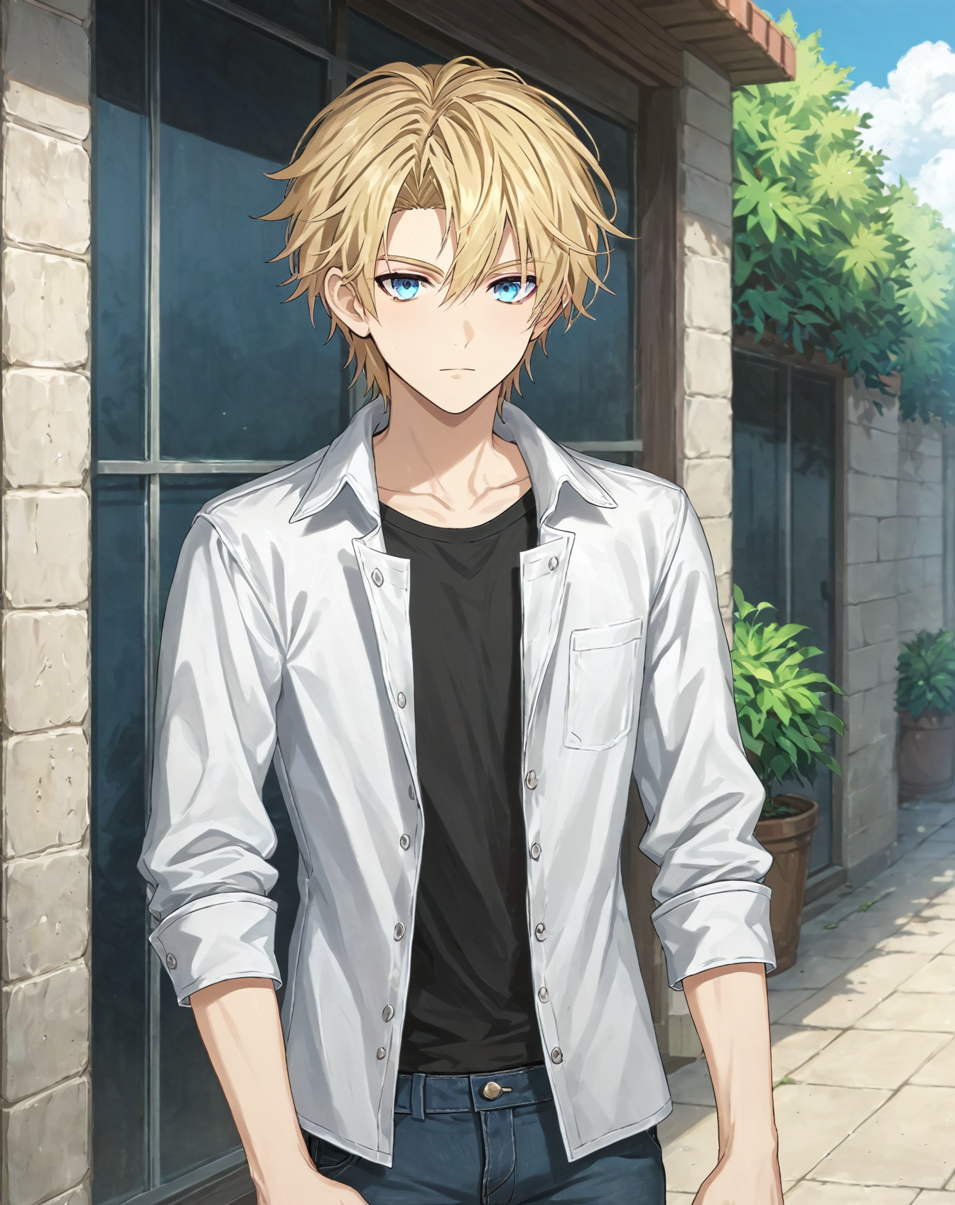 score_9, score_8_up, score_7_up, original style, depth of field, BREAK, rating_safe, 1boy, solo, yaoi, male focus, cowboy shot, skinny,  <lora:brammashell_pony:1> brammashell_gc, blonde hair, blue eyes, short hair, hair between eyes, bangs, casual, pants, looking at viewer, facing viewer, outdoors, day,<lora:sdxl_lightning_8step_lora:1>  <lora:xl_more_art-full_v1:0.5>  <lora:Pony_DetailV2.0:1> <lora:Pony_QualityV4.0:1>