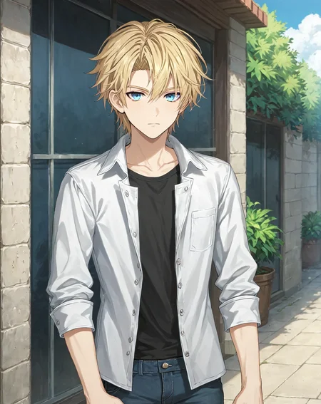 score_9, score_8_up, score_7_up, original style, depth of field, BREAK, rating_safe, 1boy, solo, yaoi, male focus, cowboy shot, skinny, <lora:brammashell_pony:1> brammashell_gc, blonde hair, blue eyes, short hair, hair between eyes, bangs, casual, pants, looking at viewer, facing viewer, outdoors, day,<lora:sdxl_lightning_8step_lora:1> <lora:xl_more_art-full_v1:0.5> <lora:Pony_DetailV2.0:1> <lora:Pony_QualityV4.0:1>