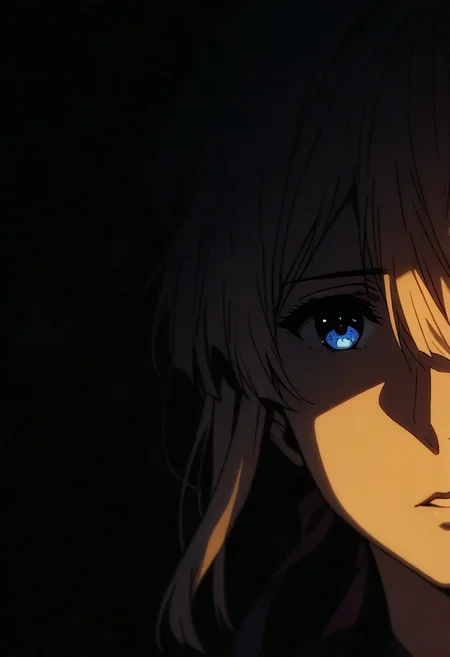1girl,Violet Evergarden (Violet Evergarden), solo, dark, light, masterpiece, best quality, very aesthetic, close up,  parted lips