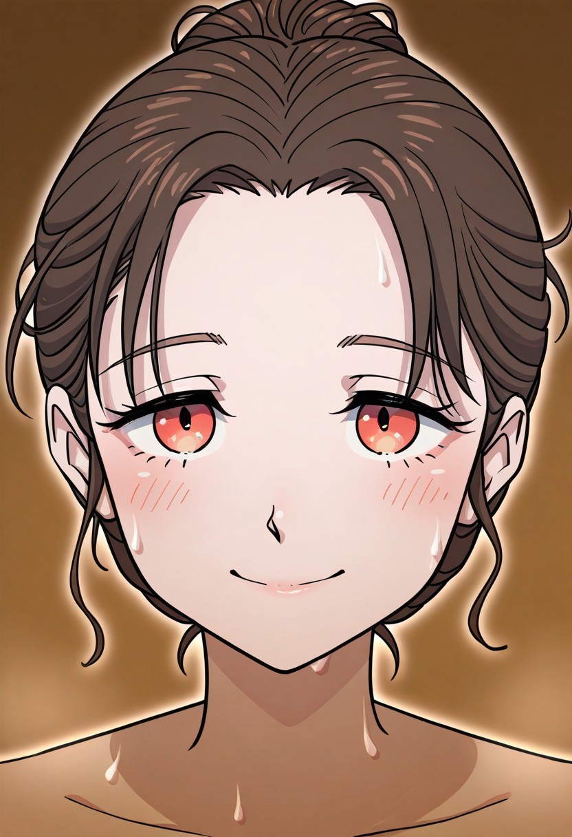 score_9, score_8_up, score_7_up, source_anime,(extremely detailed CG), (best quality), 
1girl, brown hair, solo, smile, sweat, red eyes, blush, brown background, single hair bun, closed mouth, portrait, yuna