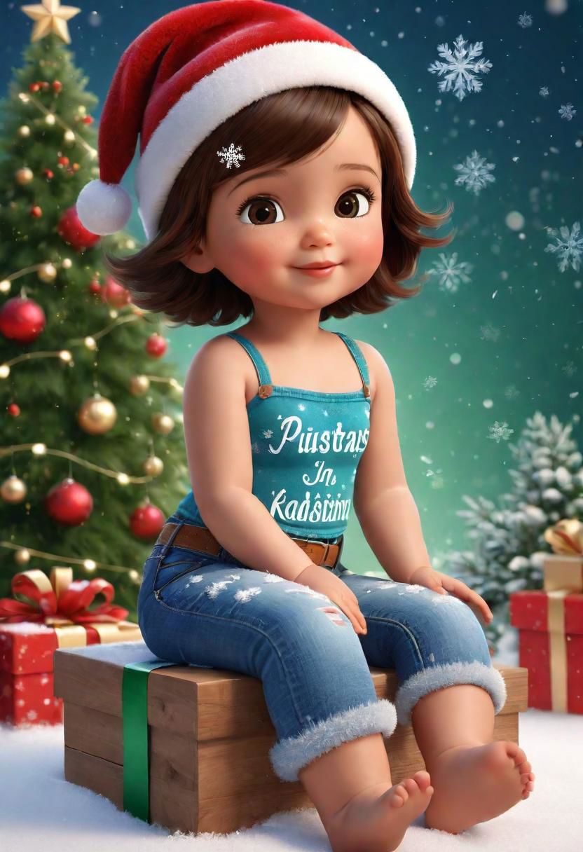 Cute cartoon style baby, latin, tender and sweet. Sitting, dressed in blue jeans and a dark green bustier with short brown hair, brown skin, a Christmas hat with the name "Yapay Kadin" in light colors and sparkles. Christmas themed background, snow, snowflakes, poinsettias, typography, 3d rendering, painting , painting, 3d render, typography, cinematicv0.2