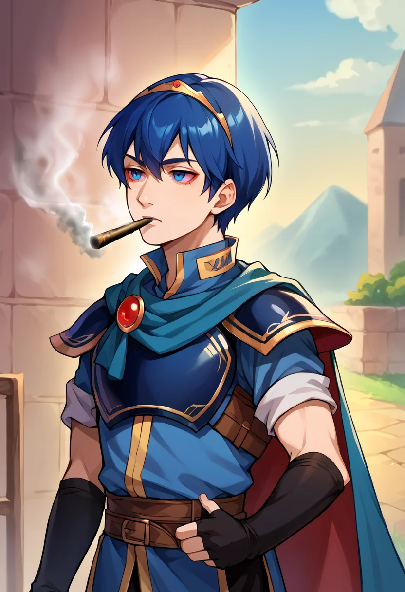 score_9, score_8_up, score_7_up, source_anime, BREAK, solo, 1boy, <lora:Marth-pdxl_Fp:1>, marthfe, blue hair, blue eyes, short hair, tiara, blue tunic, armor, cape, fingerless gloves, <lora:Stoned-pdxl_Fp:1>, stoned, smoking, smoking, colored sclera,