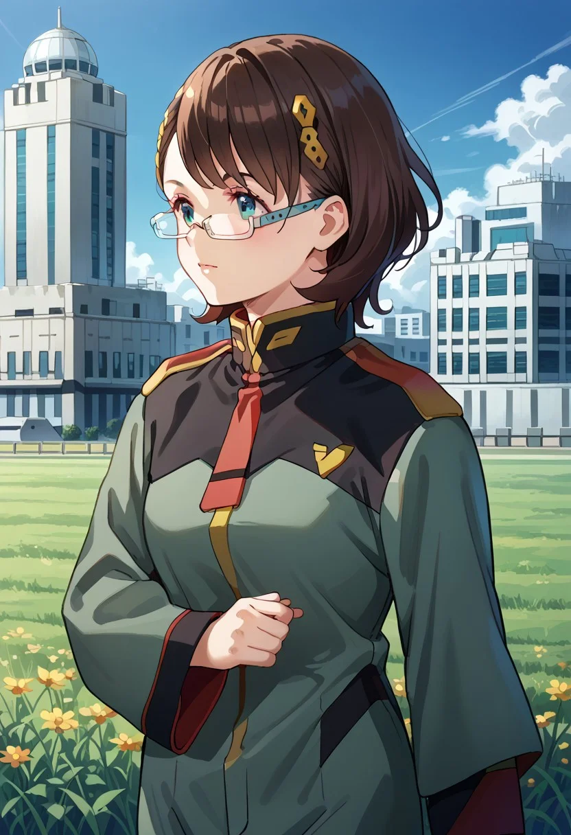 score_8, score_8_up, score_7_up, source_anime, 1girl, solo, female focus, Mia_CF, brown hair, medium hair, bob cut, hair ornament, glasses, semi-rimless eyewear, under-rim eyewear, asticassia_outfit, shoulder boards, multicolored clothes, two-tone jacket, jacket, black jacket, collared jacket, black sleeve cuffs, sleeve cuffs, long sleeves, wide sleeves, layered sleeves, two-sided fabric, red necktie, red shoulder boards, green jacket, green shorts, outdoors, building, city, field, space colony interior,