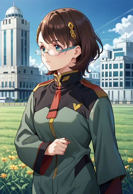 score_8, score_8_up, score_7_up, source_anime, 1girl, solo, female focus, Mia_CF, brown hair, medium hair, bob cut, hair ornament, glasses, semi-rimless eyewear, under-rim eyewear, asticassia_outfit, shoulder boards, multicolored clothes, two-tone jacket, jacket, black jacket, collared jacket, black sleeve cuffs, sleeve cuffs, long sleeves, wide sleeves, layered sleeves, two-sided fabric, red necktie, red shoulder boards, green jacket, green shorts, outdoors, building, city, field, space colony interior,