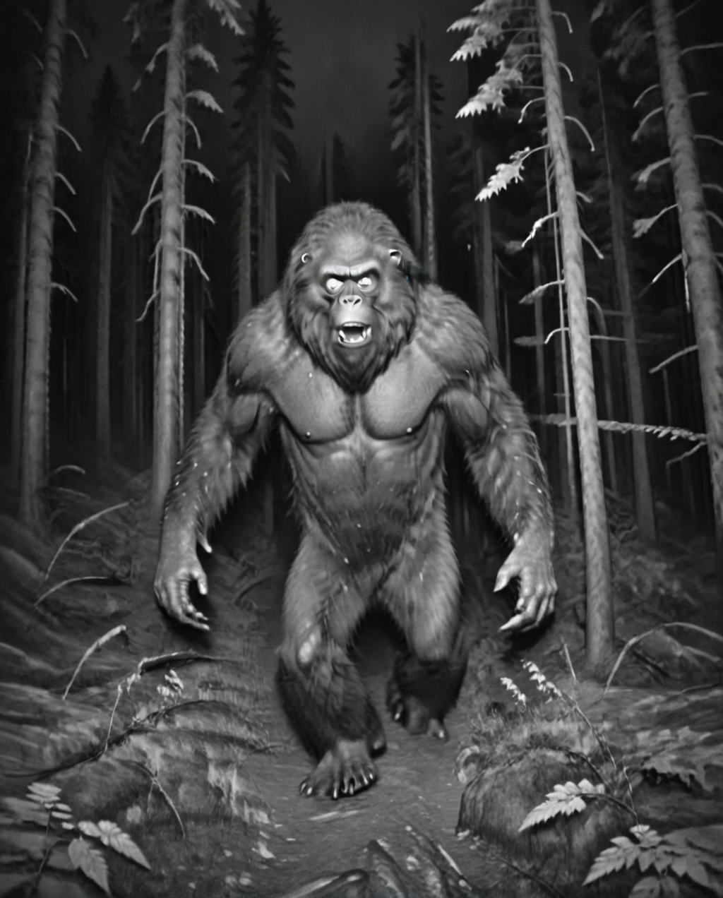 Camera trap, monochrome, bigfoot are running through the forest, horror,   <lora:Camera trap:1>