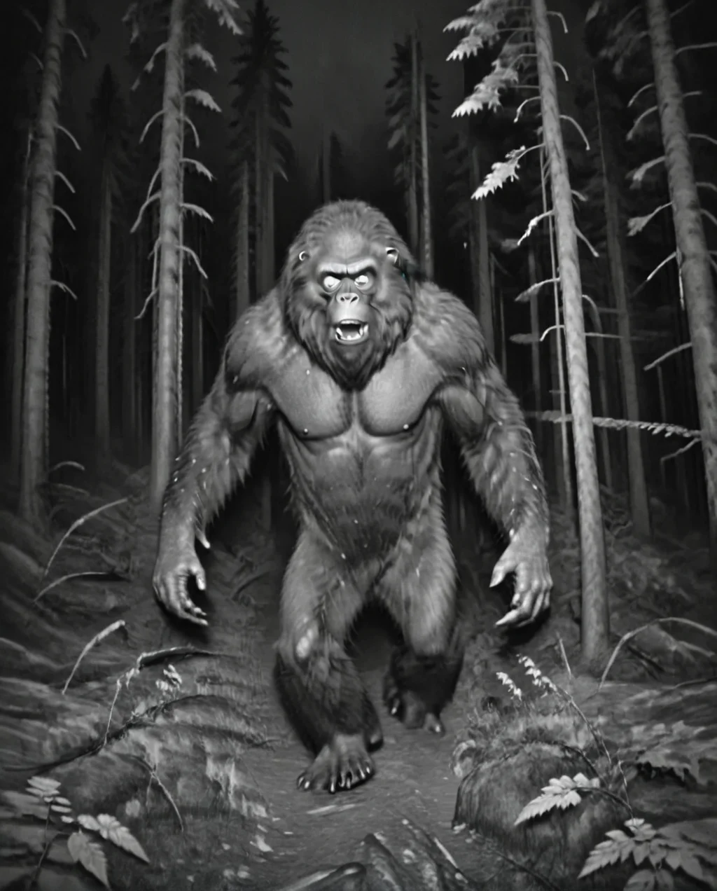 Camera trap, monochrome, bigfoot are running through the forest, horror, <lora:Camera trap:1>