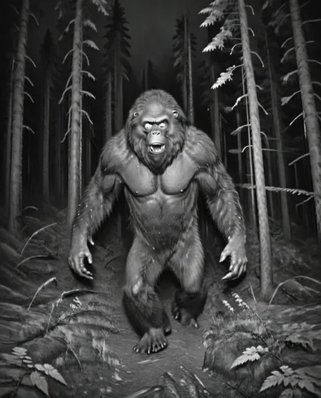 Camera trap, monochrome, bigfoot are running through the forest, horror,   <lora:Camera trap:1>