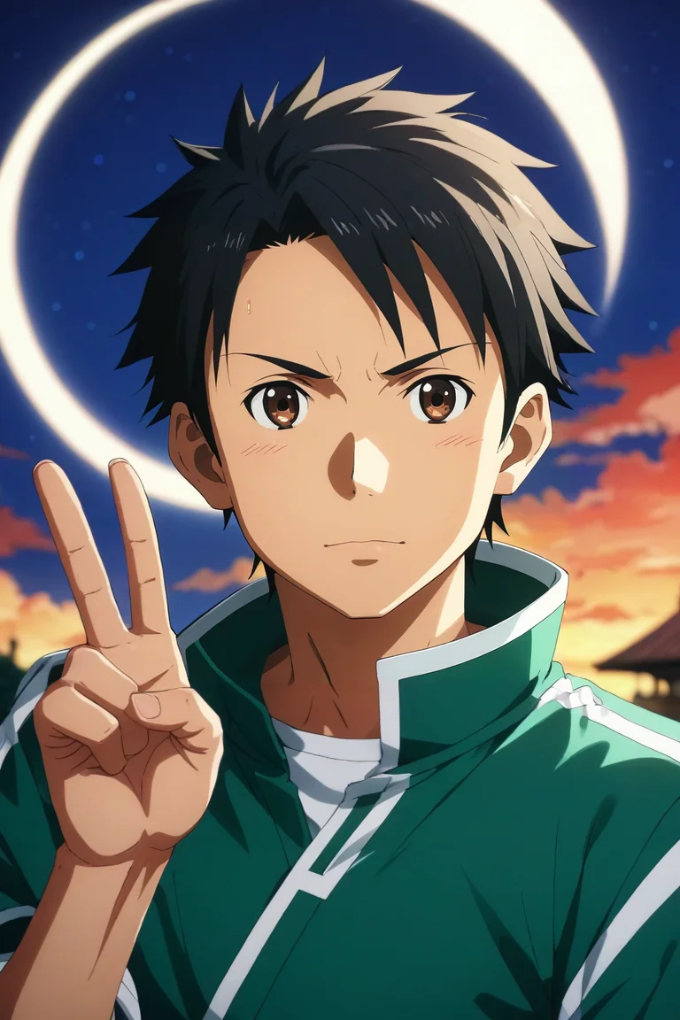 score_9, score_8_up, score_7_up, source_anime, rating_safe, , (realistic:0.6), looking at viewer, depth of field, 1boy, ash ketchum, pokemon, black hair, brown eyes, solo, asymmetrical, fantasy land, night, crescent moon, v, peace sign, squinting, <lora:sao_alicization_style_pony:0.74>, sao_alicization_style, <lora:sdxl_lightning_8step_lora:1>