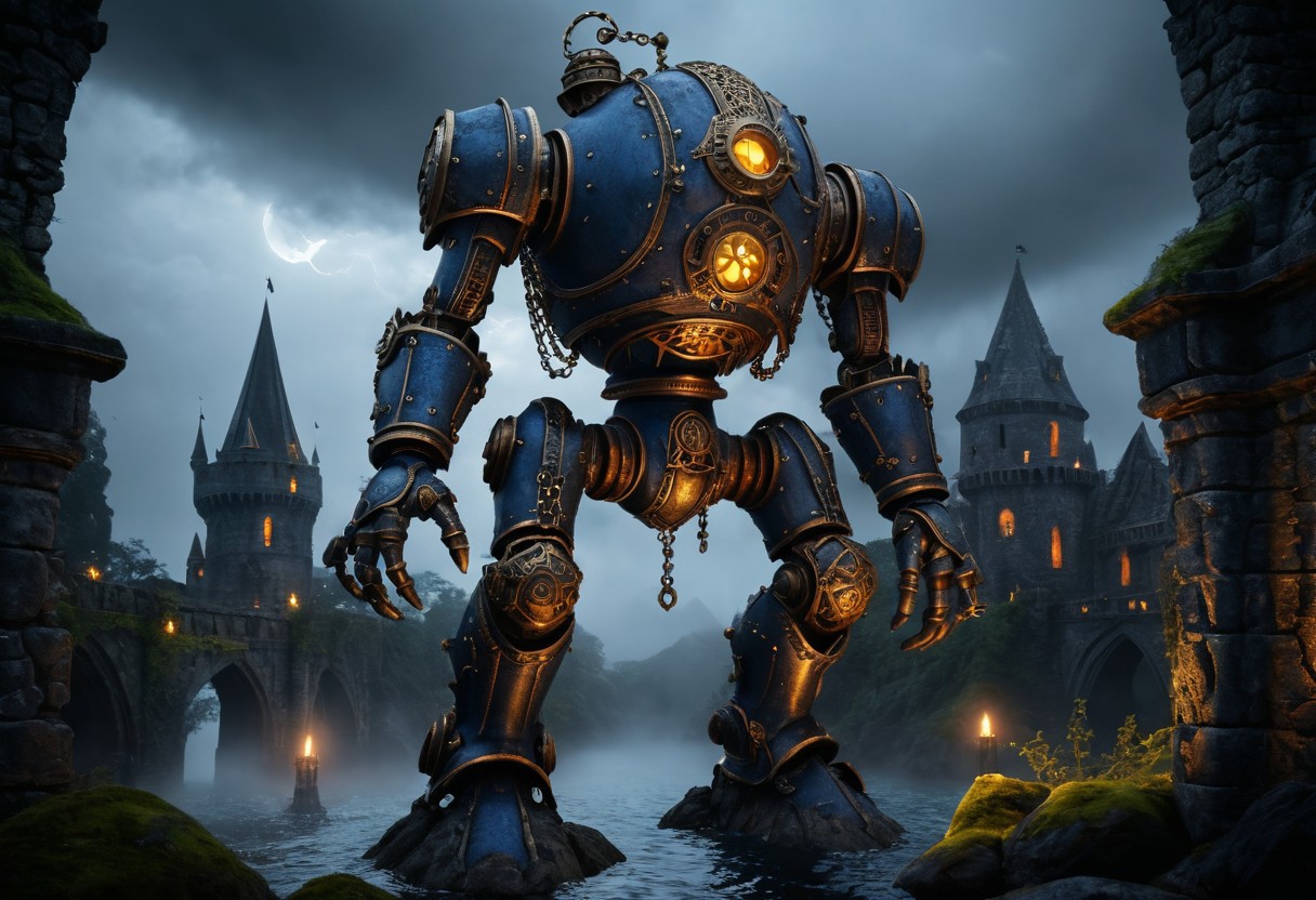 giant bipedal robot dirty slate blue and dark amber, bronze paisley robot. lacy robot diving helmet head. outside of a steampunk keep. large detailed torso. dark image. one forty foot tall ancient robot with great arms and two heavy spring legs. dark foggy night background. $dark foggy night image only. dark photo realistic image. steampunk details. cogs, chains and pipes incorporated in the fantasy buildings. magic wizards tower in background. Dark swamp, moss, castle ruins, wizards tower. stormy dark night.  Lightning sky