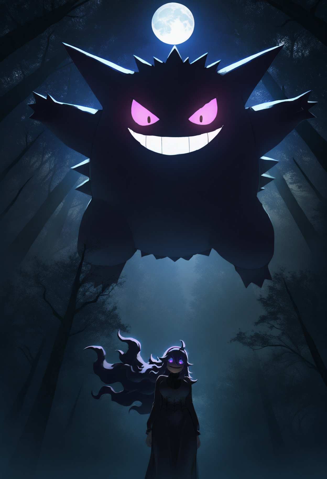 astero, scenery, pokemon \(creature\),
best quality, amazing quality, very aesthetic, absurdres,
gengar,
1girl,
hex maniac \(pokemon\),
purple hair, floating hair,
dress, large breasts,
from below, looking at viewer, looking down, glowing eyes, evil smile,
backlighting, night, dark, moon,
forest, white background,
perspective,  <lora:AsteroNoob_byKonan:1>