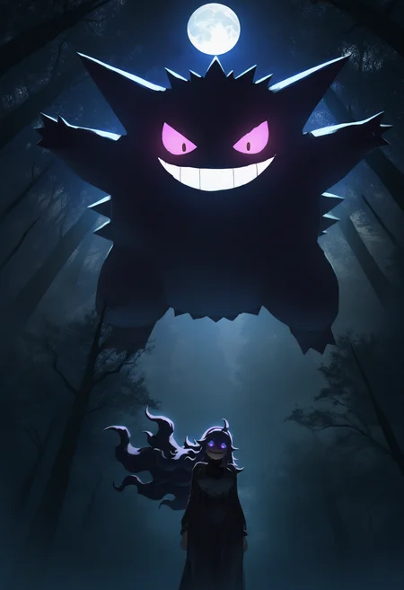 astero, scenery, pokemon \(creature\),
best quality, amazing quality, very aesthetic, absurdres,
gengar,
1girl,
hex maniac \(pokemon\),
purple hair, floating hair,
dress, large breasts,
from below, looking at viewer, looking down, glowing eyes, evil smile,
backlighting, night, dark, moon,
forest, white background,
perspective, <lora:AsteroNoob_byKonan:1>