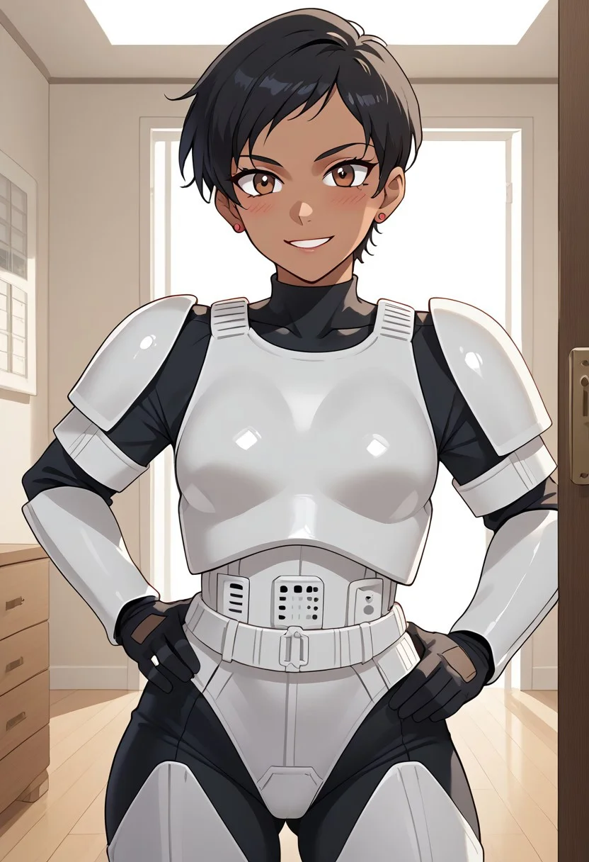 score_9,score_8_up,score_7_up, BREAK ,LoisSDXL,1girl, solo, short hair,black hair,brown eyes,jewelry,earrings,dark skin,dark-skinned female, BREAK,stormtrooper, armor, white armor, bodysuit under clothes, black gloves, belt, covered collarbone, covered neck, BREAK,cowboy shot, hand on hips, standing, looking at viewer, blush, smile, BREAK, indoors, room, closet, Expressiveh