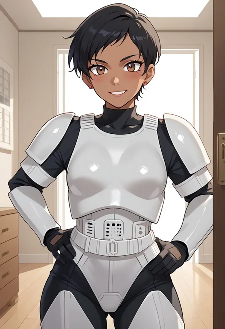 score_9,score_8_up,score_7_up, BREAK ,LoisSDXL,1girl, solo, short hair,black hair,brown eyes,jewelry,earrings,dark skin,dark-skinned female, BREAK,stormtrooper, armor, white armor, bodysuit under clothes, black gloves, belt, covered collarbone, covered neck, BREAK,cowboy shot, hand on hips, standing, looking at viewer, blush, smile, BREAK, indoors, room, closet, Expressiveh