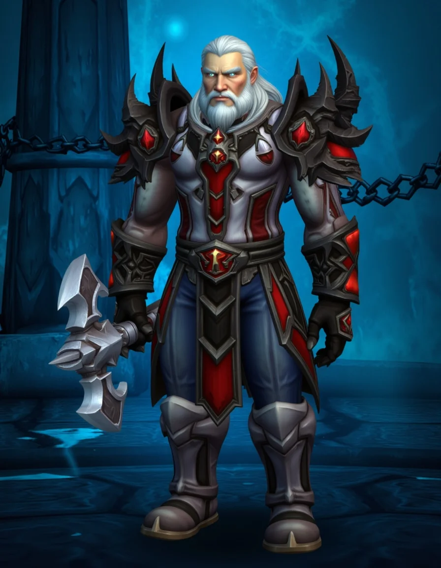 WOW_Character_Style, This image is a digital drawing of a World of Warcraft character, depicting a powerful warrior. The warrior is a man with a robust physique, sporting a full white beard and long, white hair. He has a stern, confident expression. His armor is intricate and dark, with sharp, spiked shoulders and a breastplate adorned with red and black details, including a large red emblem on the chest. His left hand holds a large, spiked mace, and his right hand grips a chain, which is wrapped around his right forearm. The background is a dimly lit, cavernous room with a blue, mystical ambiance, hinting at an underground or magical setting. The texture of the walls and floor is rough, adding to the rugged atmosphere. The lighting is moody, casting shadows that enhance the dark and imposing nature of the scene. The colors are primarily dark blues, blacks, and grays, with the warrior's armor and hair standing out in stark contrast. The overall mood is one of strength and authority, with a touch of mystery due to the ethereal lighting and setting.
