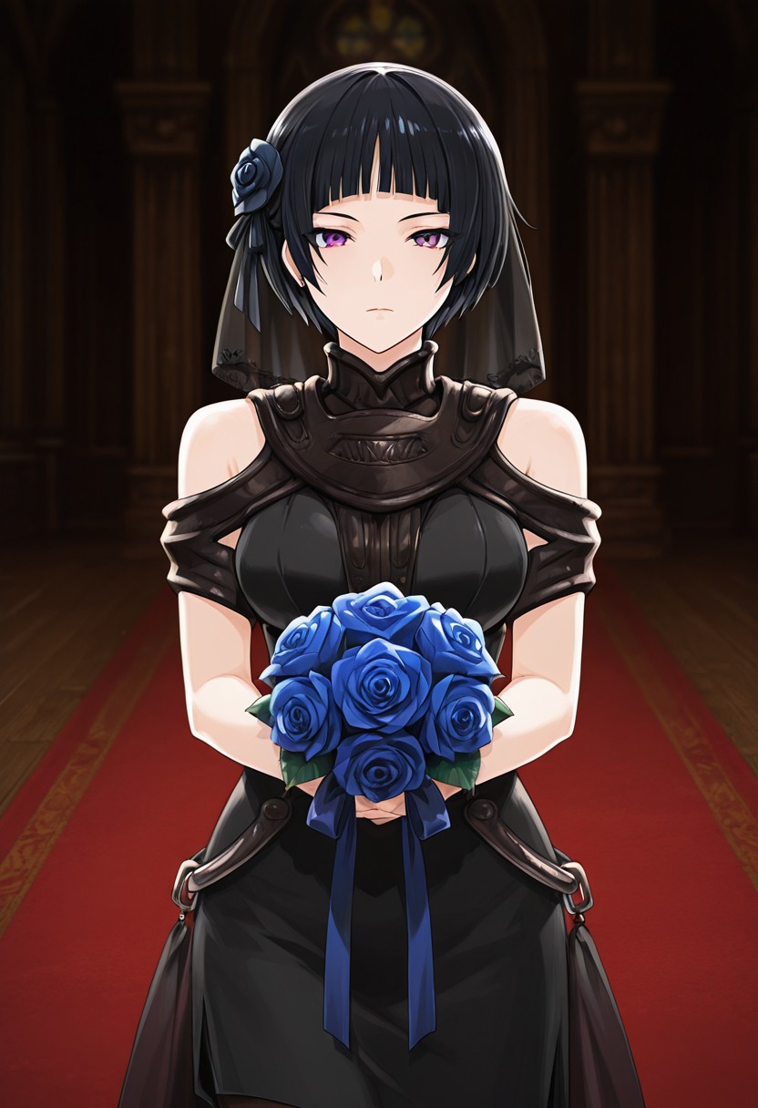 score_9,score_8_up,score_7_up,source_anime,5_figner,2d_animation,game cg,BREAK,1girl,solo,
Millennia,short hair,bob cut,black hair,lunt bangs, 
hair ornament,(wedding dress:1.4), ribbon, bare shoulders,
 jewelry, hair ribbon, flower, hair flower, 
blackdress,rose, veil,blue flower, black footwear
bouquet, bridal veil, blue rose, holding bouquet,bride,
front view,expressionless,
church,wedding,rice shower,red carpet,upper body,dark,
masterpiece,best qualit,ultra-detailed,illustration,an extremely delicate and beautiful,beautiful detailed eyes,unity 8k wallpaper,high resolution,anime CG,official_art,Erotic_style,  anime_coloring, anime_screencap,
