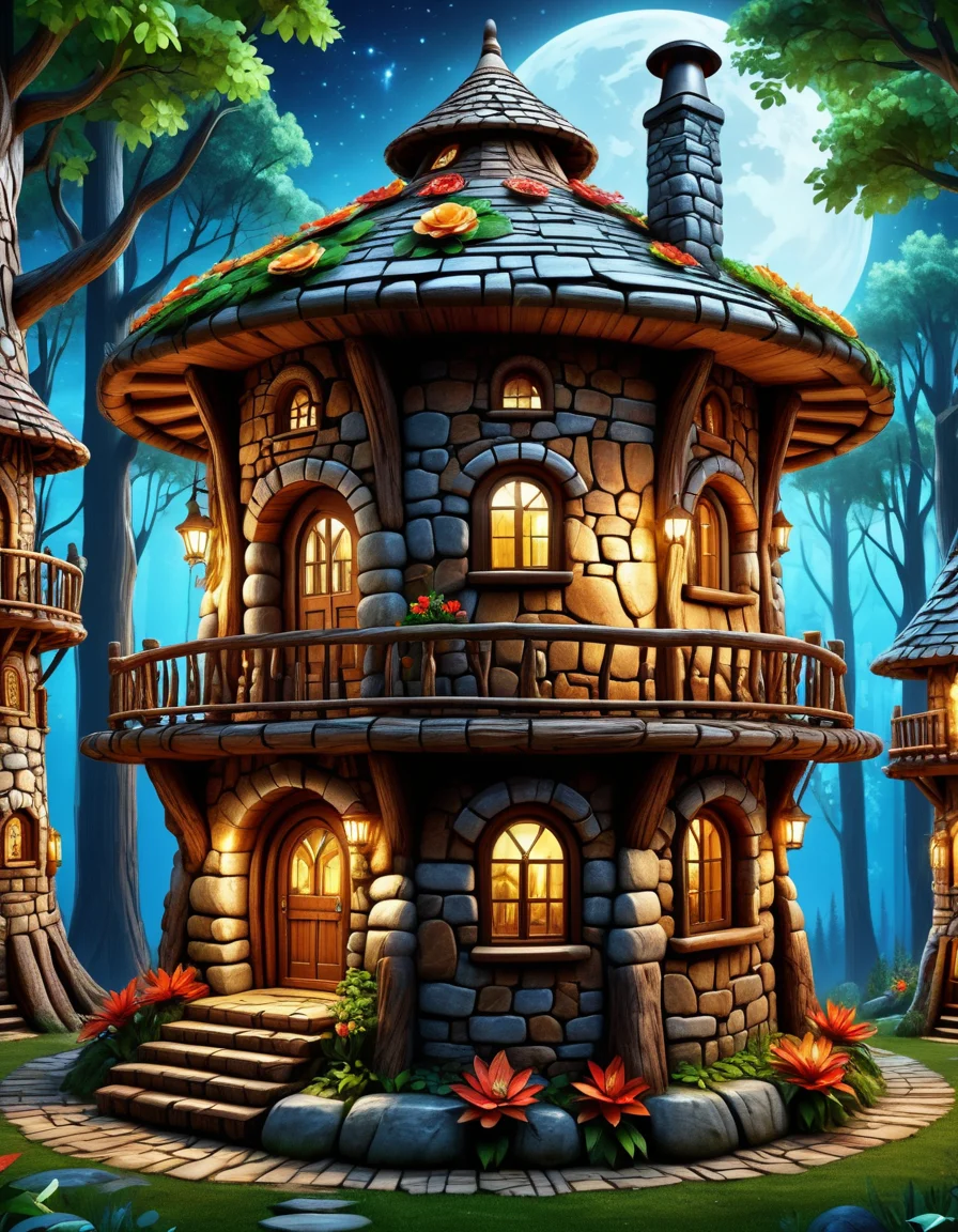 Tribal style, high quality, masterpiece, forest scene, cute 3 storey stone round house, lots of windows, chimneys, flowers at the front, night time <lora:extremely_detailed:0.4> extremely detailed <lora:BorkStyle:0.8> Jed-brk <lora:CS3:0.8> Cyberspace, Digital Cyberspace theme, ((created by glowing magical energy in cyberspace)), Indigenous, ethnic, traditional patterns, bold, natural colors, highly detailed