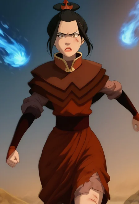 Expressive, score_6_up, score_7_up, score_8_up, score_9. Masterpiece, best quality, highly detailed, harmonious anatomy, (natural beauty:1.1), consistent details. fighting, azula, japanese, <lora:azula-book2-ponyxl-lora-nochekaiser:1>, azula, black hair, brown eyes, topknot, sidelocks, hair bun, single hair bun, flowing hair, action shot, wind in hair, (afraid look), [surprised look], skintight clothes, chinese clothes, capelet, sash, long sleeves, elbow gloves, pronounced female figure, areola slip, exposed skin, flashing thighs, (torn clothes:1.2), [scar, blood, defeated, wounded], in feudal japanese background, blue fire power aura, blue flames, dynamic pose, dynamic view, perfect hands, [blue fire around closed fists], martial art position,