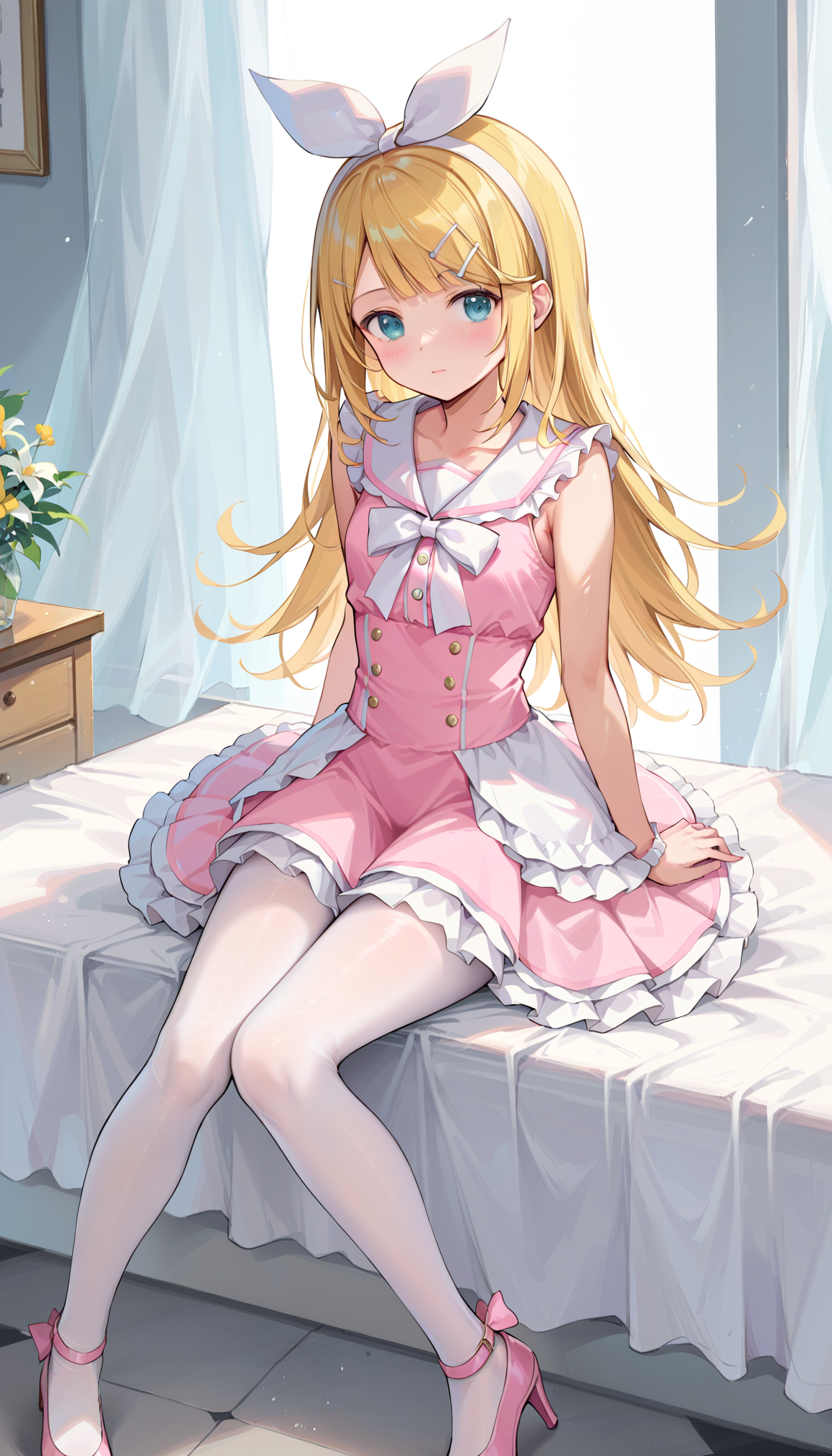 score_9, score_8_up, score_7_up, masterpiece, high quality,
1girl, solo, (kagamine rin), tutu dress, long hair, blunt bangs, pink dress, short dress, white pantyhose, bangs, hair bow, hairpin, pink heels, thighs, sitting, <lora:MGNN:0.4> MGNN,