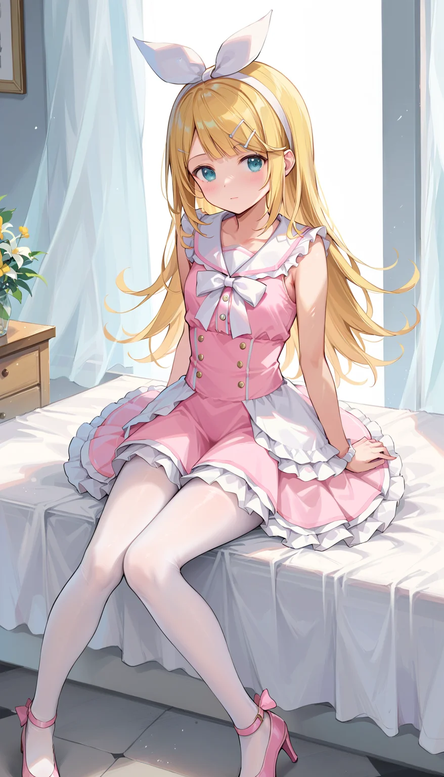 score_9, score_8_up, score_7_up, masterpiece, high quality,
1girl, solo, (kagamine rin), tutu dress, long hair, blunt bangs, pink dress, short dress, white pantyhose, bangs, hair bow, hairpin, pink heels, thighs, sitting, <lora:MGNN:0.4> MGNN,