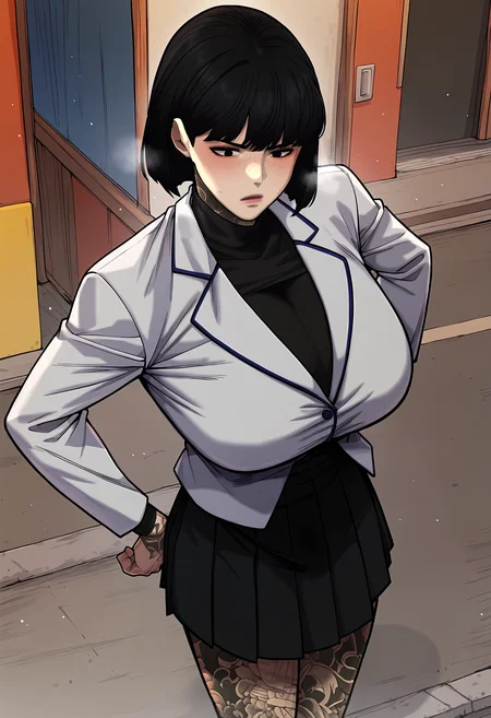 score_9, score_8_up, score_7_up, score_6_up, source_anime, rating_explicit, <lora:neg4all_bdsqlsz_V3.5:2.0>1girl, (solo:1.2), huge breasts, <lora:LeeJihyunponyxl:1> black hair, black eyes, short hair, freckles, bob cut, tattoo, neck tattoo, white jacket, turtleneck, black shirt, long sleeves, arm tattoo, pleated skirt, black skirt, leg tattoo, serious, parted lips, Narrow shoulders, sweat, heavy breathing, steaming body, street, outdoor