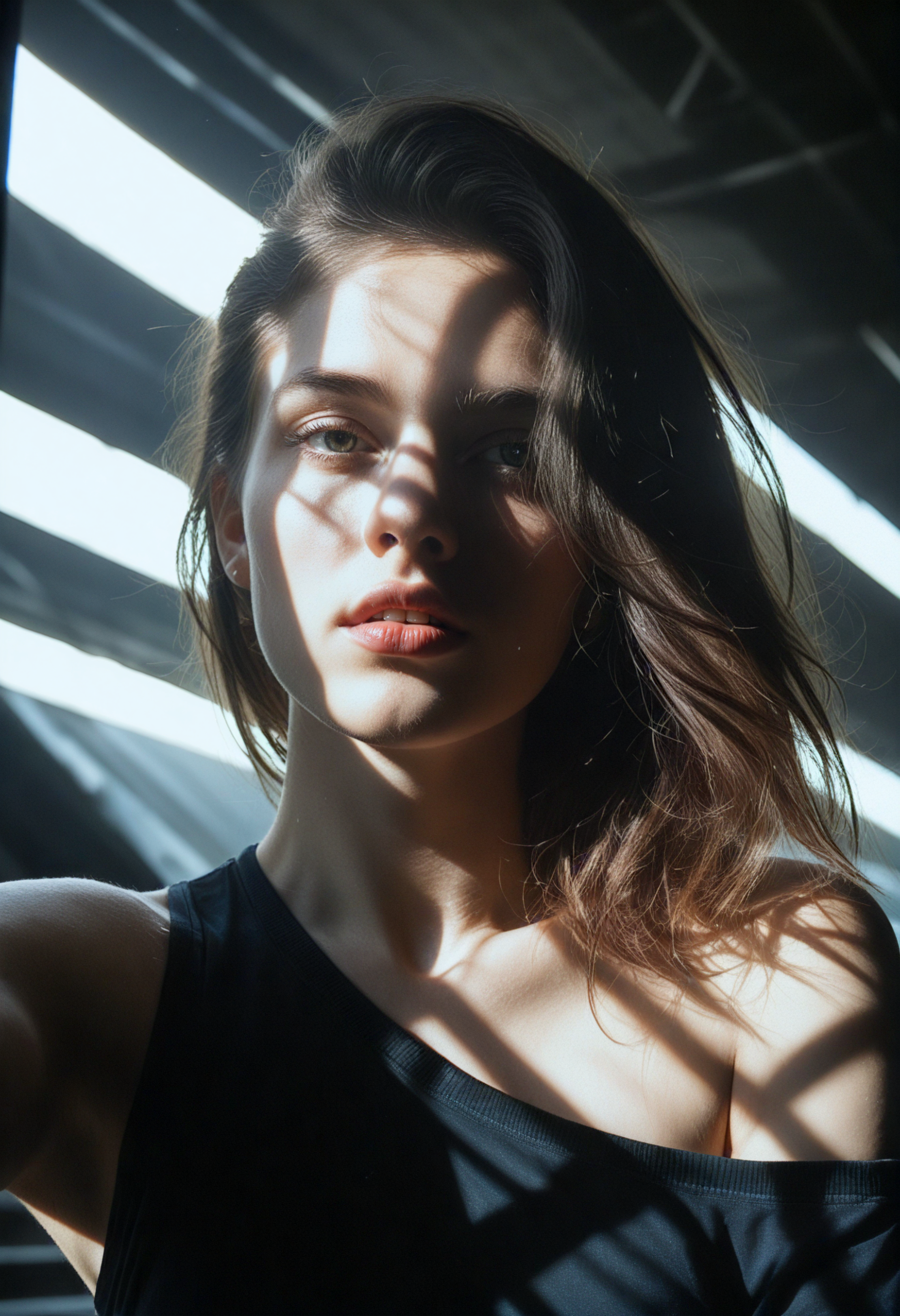 score_9, score_8_up, score_7_up, score_6_up, masterpiece, best quality, ultra-detailed, award-winning masterpiece, RAW editorial photo young woman, solo portrait in a dark cinematic fine-art style, cropped off-the-shoulder black top, parted lips, relaxed yet intense expression, high-quality image, ultra-detailed realism, dramatic lighting casting soft shadows, contours emphasized on face and body, rich fabric textures, moody atmosphere, soft highlights blended with deep shadows, timeless fine-art portrait mood, cinematic precision and depth, selfie