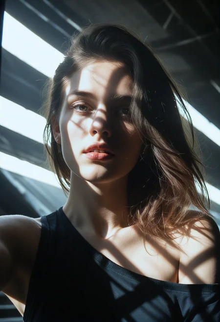 score_9, score_8_up, score_7_up, score_6_up, masterpiece, best quality, ultra-detailed, award-winning masterpiece, RAW editorial photo young woman, solo portrait in a dark cinematic fine-art style, cropped off-the-shoulder black top, parted lips, relaxed yet intense expression, high-quality image, ultra-detailed realism, dramatic lighting casting soft shadows, contours emphasized on face and body, rich fabric textures, moody atmosphere, soft highlights blended with deep shadows, timeless fine-art portrait mood, cinematic precision and depth, selfie