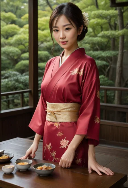 From frontal below :1.3,(dark background:1.3),(posing behind wood table:1.631),(restaurant at ryokan:1.2),(Japanese tea cups and ((sukiyaki ))on table:1.63),((sukiyaki :1.5)),(beautiful real texture :1),smile face:1,(royal),10k,(real skin texture:1),high resolution,(one 32 years old elegant Japanese woman wearing in jyuban and colored long kimono:1.2), (looking at garden :1.4),exquisite face:1,(163cm tall:1),(fine wrinkle :1.),(detailed innocent girls face:1.), NegfeetV2,(dazzling expression:1.54),(small single chignon:1), (only (one side )breast out:1.654)