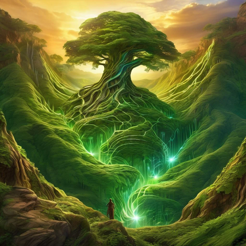 Earth Elemental being rising from an earthy green and brown hill,intricate details on an immense body wrapped in vines reflecting the colors of the earthy hill,loose and falling earth,background is a lush green forest,magnificent rays of sunlight illuminate the scene,visceral and textured,digital art, hologram, high technology,digital world, neural network, Humanoid,masterpiece,